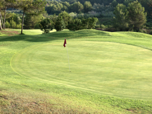 Césped verde y perfectamente cortado del campo de golf de Son Parc, Menorca.